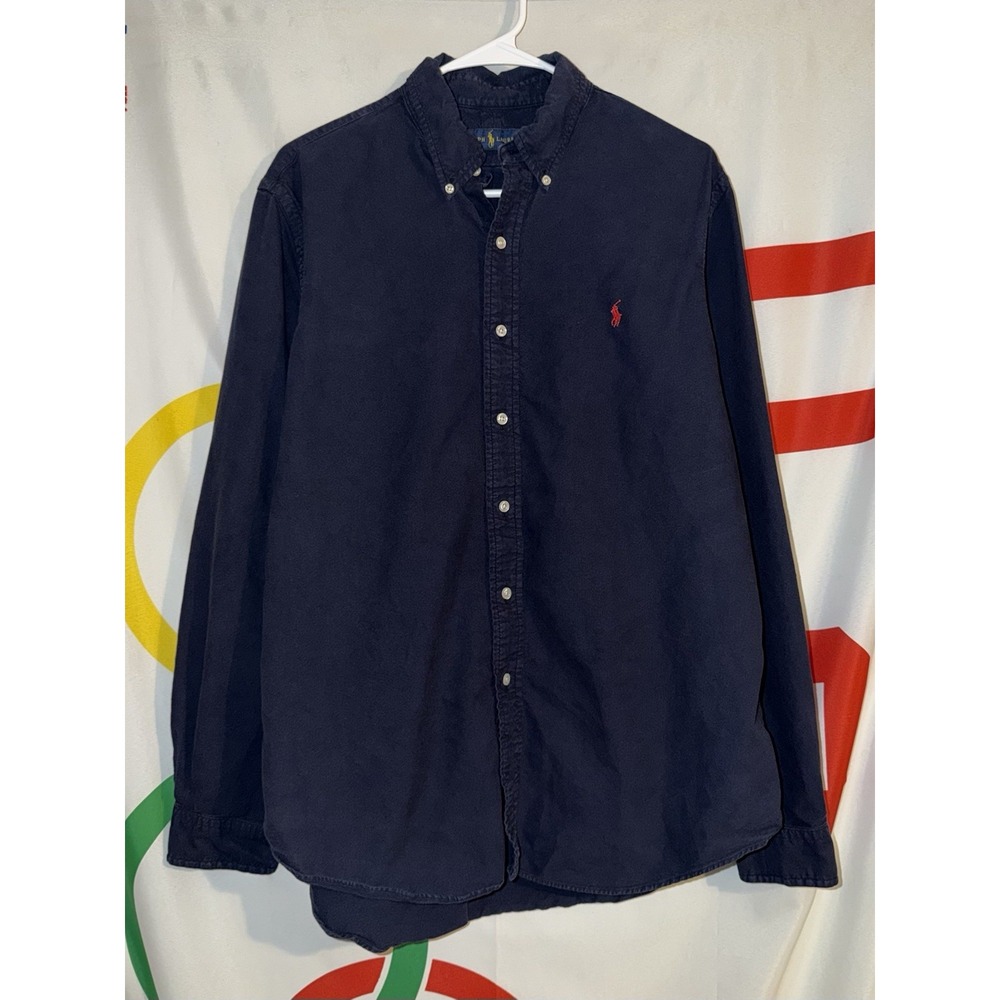 Polo Ralph Lauren Button Up Shirt Mens Large Navy Blue Cotton Long Sleeve